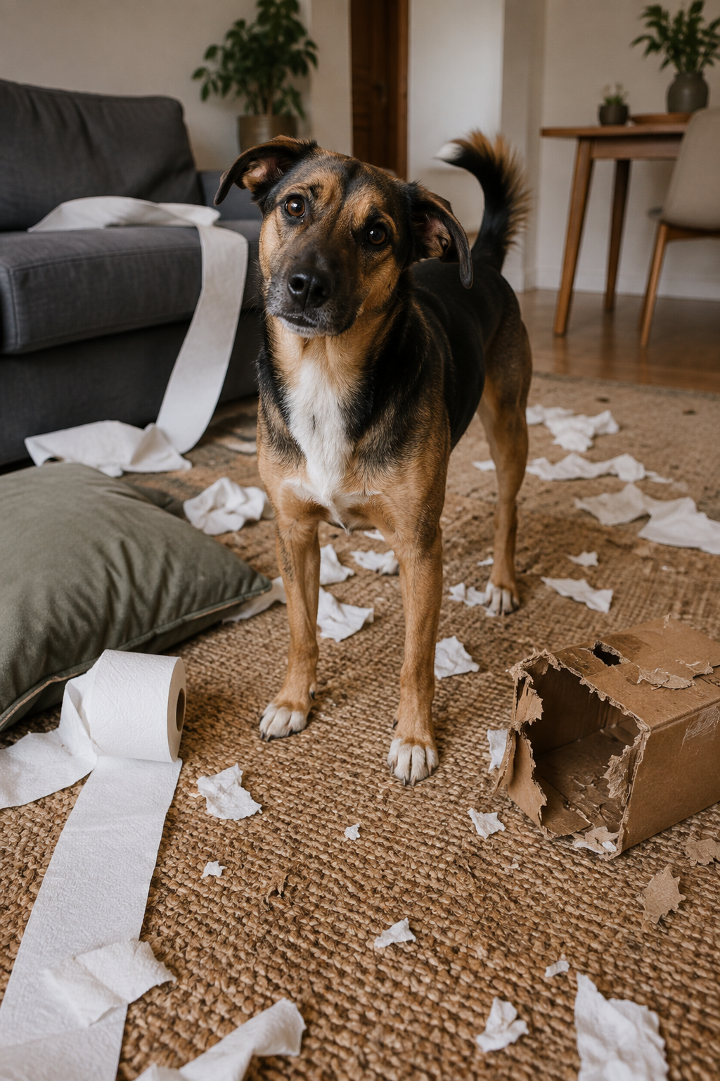 Cão em uma sala com almofada, papel e caixa espalhados pelo chão